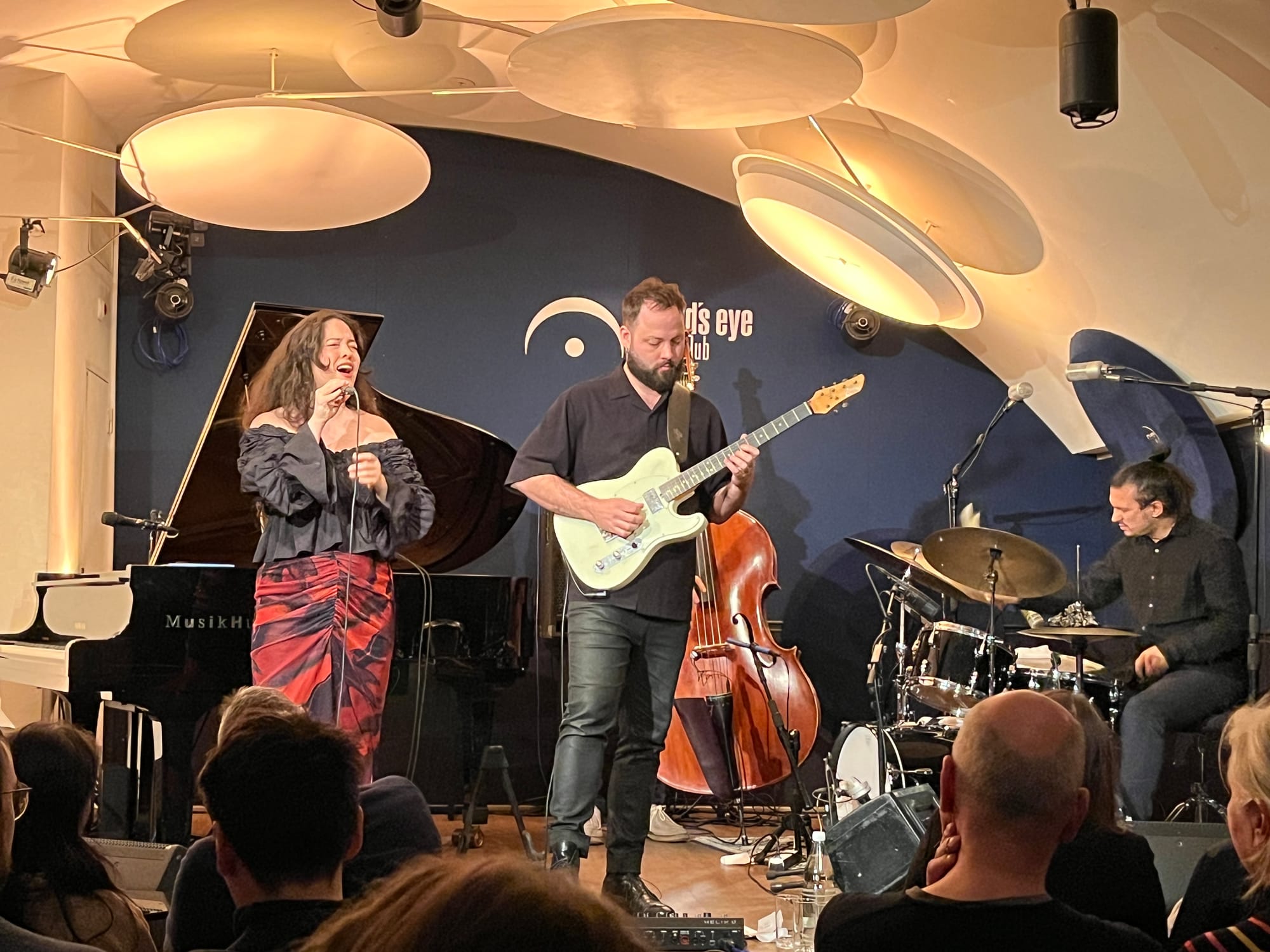 A singer, an electric guitarist, and a drummer, with a bassist hidden behind the guitarist