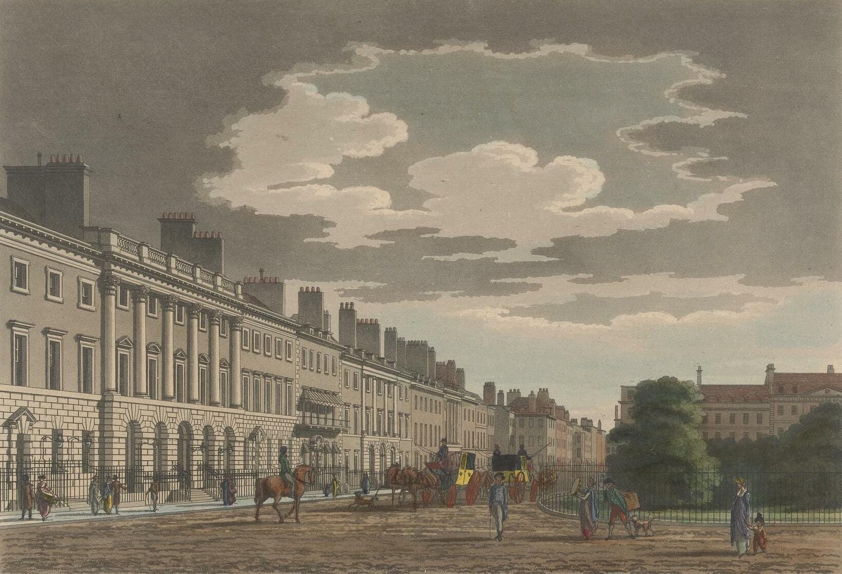 A view of Grosvenor Square in London around 1800, with pedestrians, a horse, carriages, and a fenced-off lawn, with elegant houses around the square.