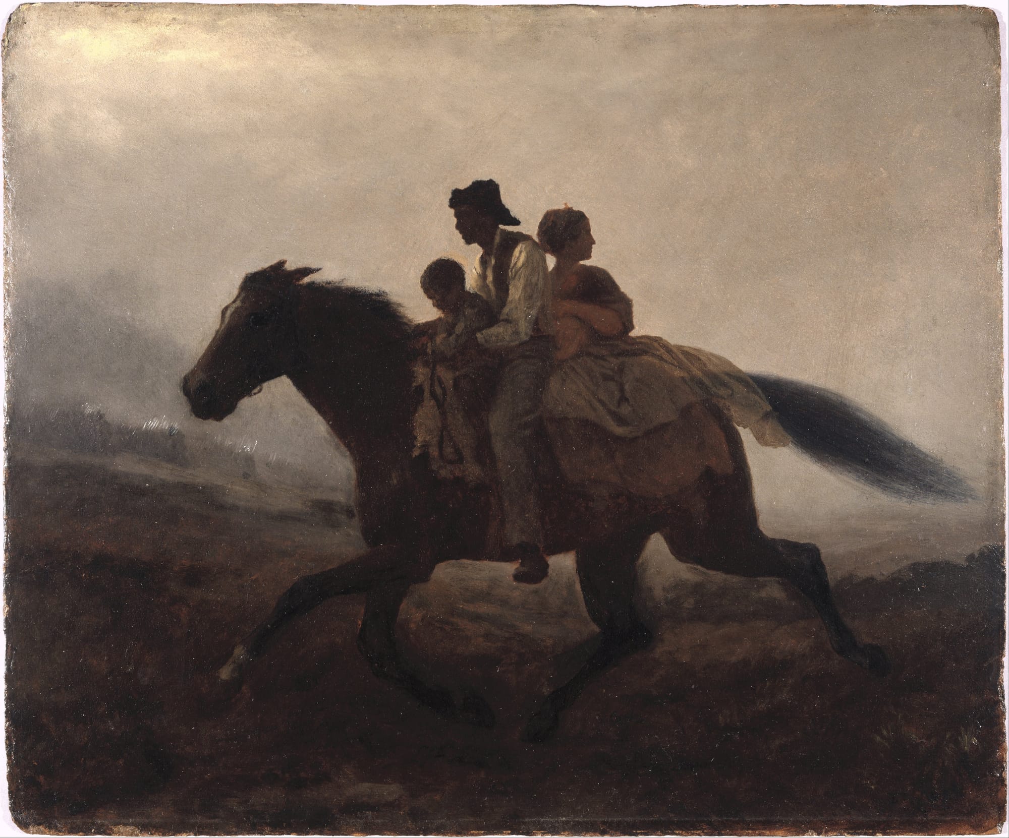 Against a blurry landscape and sky, three fugitive slaves (a man, a woman, and a child) ride a horse from right to left across the painting.