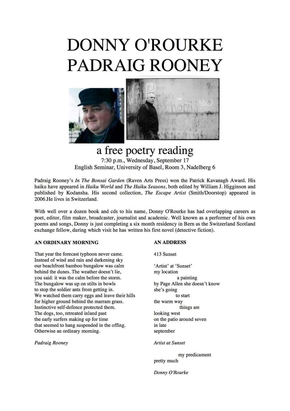 Donny O'Rourke and Padraig Rooney: a poetry reading in Basel, September 17, 2008
