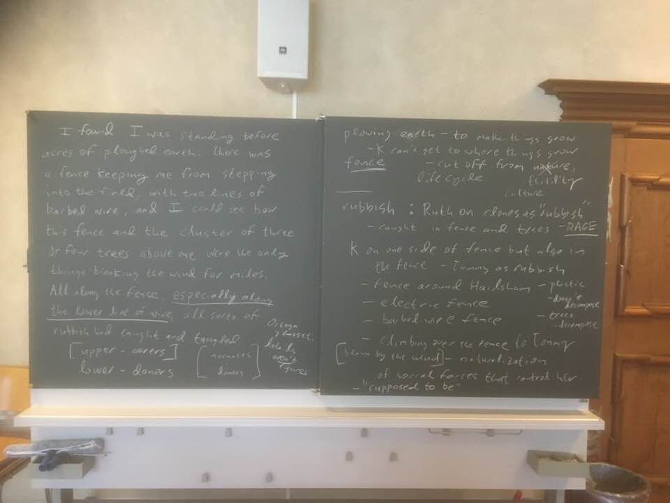 "I found I was standing": Three blackboards on Kazuo Ishiguro's "Never Let Me Go"