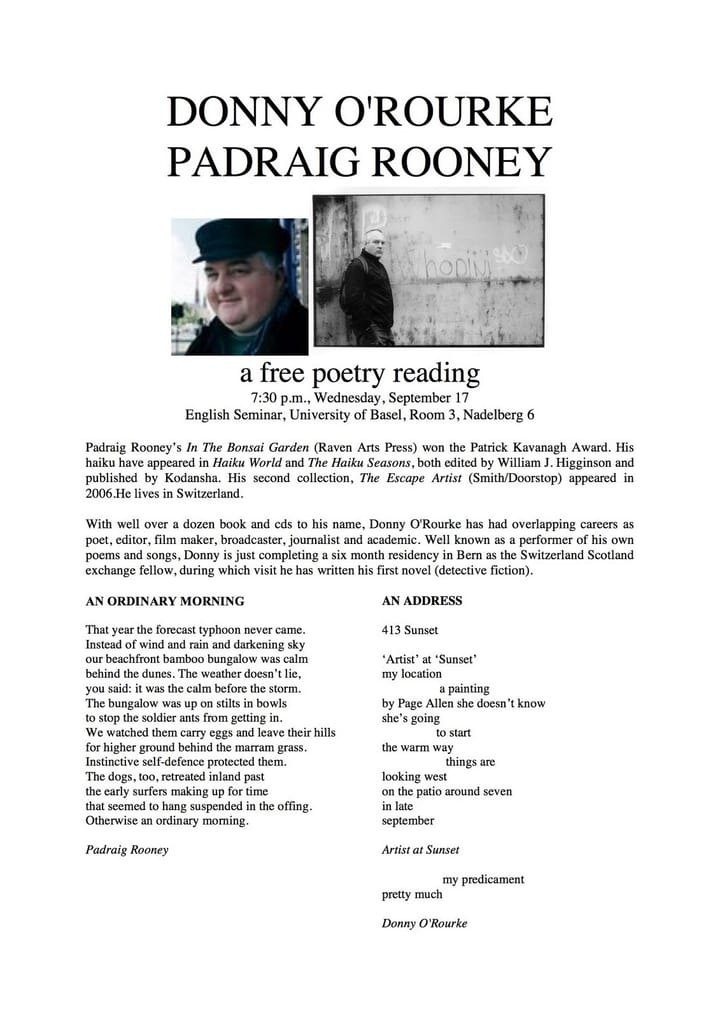 Donny O'Rourke and Padraig Rooney: a poetry reading in Basel, September 17, 2008