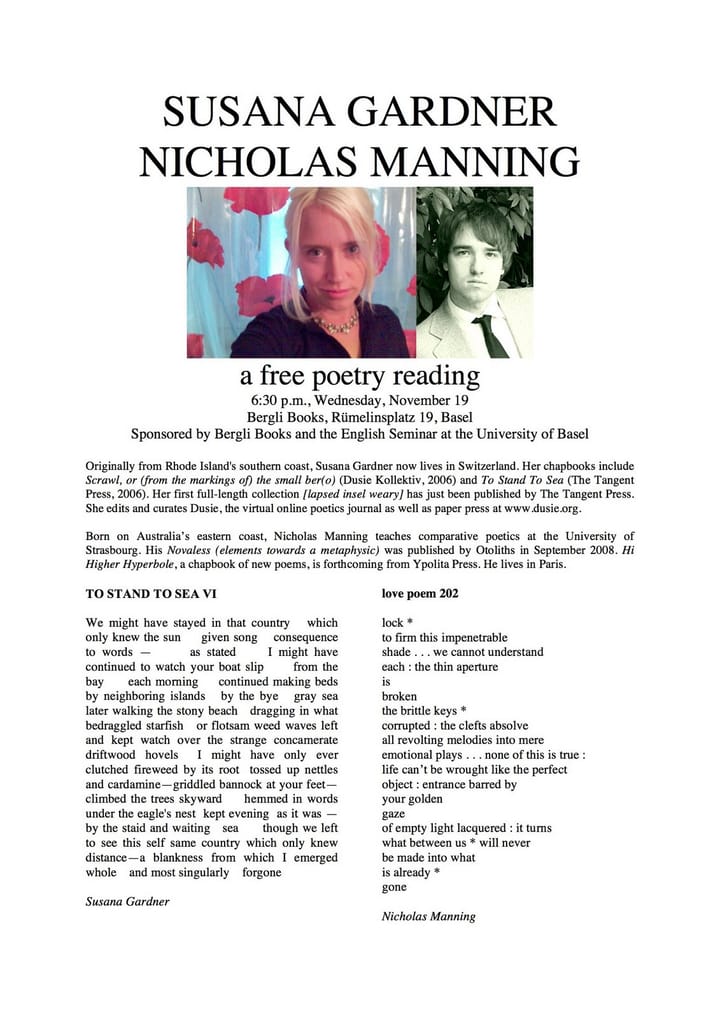 Susana Gardner and Nicholas Manning: A Poetry Reading in Basel, November 19, 2008